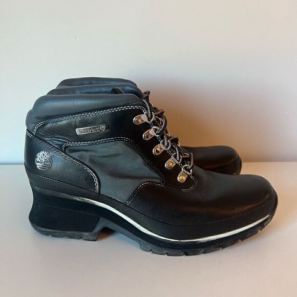 TIMBERLAND Ankle Chelsea Boots Leather Lace Up Wedge Womens Size 8.5 Black - Picture 1 of 11